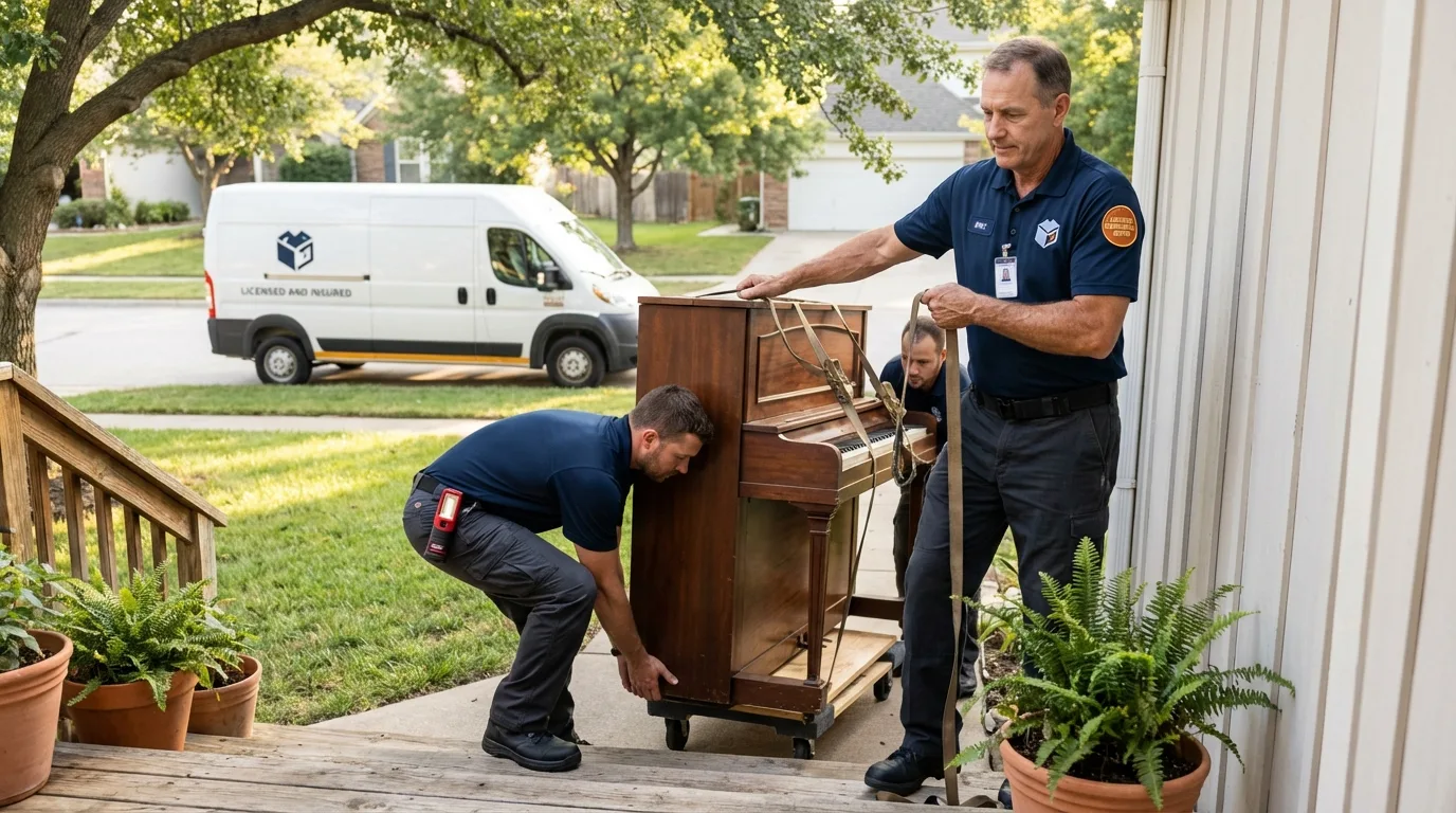 Licensed piano movers securing grand piano in Fordyce, AR