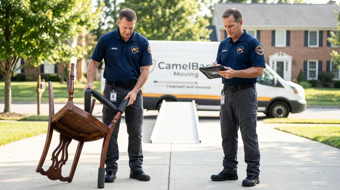 Movers inspecting furniture for damage prevention before loading in Fordyce, AR
