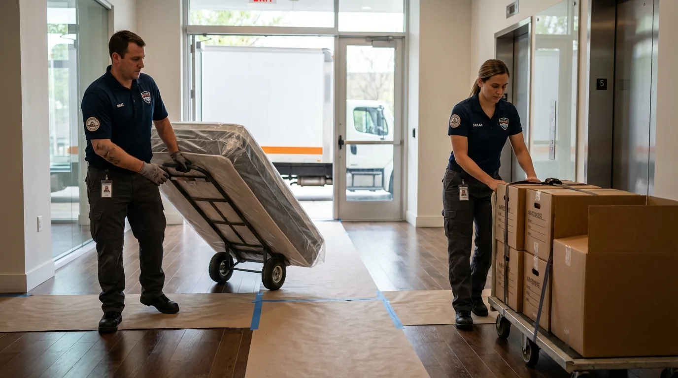 Professional apartment movers loading elevator in Fordyce, AR
